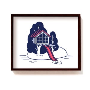 Framed tree house & water-slide illustration print | whimsical poster kids room | nursery wall decor | outdoors wall art | cabin in woods