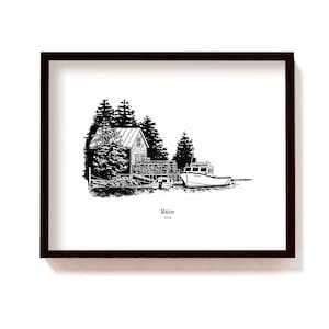 Framed coastal maine illustration print, lobster fishing boat drawing, Maine black and white poster, New England wall art, maine ink drawing