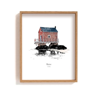 Framed coastal Maine illustration, wharf drawing, Maine lobster fishing art print, new England wall art, minimalist maine illustration print