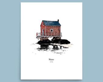 May include: A red and blue illustration of a small house on stilts over water. The house is on a small island with a reflection in the water. The text "Maine, USA" is below the image.