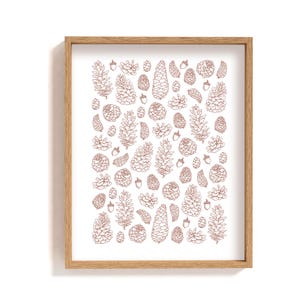 Framed pine cone pattern Print | hand drawn botanical illustration | pine-cone home decor | large nature wall art with frame