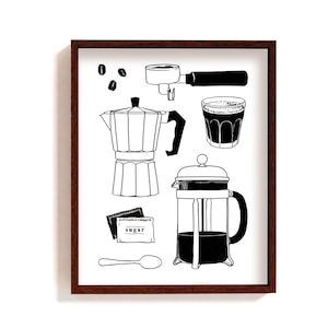 Framed coffee poster | coffee maker, beans and cup | black and white barista illustration print | coffee bar wall decor | coffee drawing art