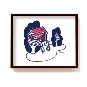 Framed treehouse & birdhouse illustration print | whimsical poster kids room | nursery wall decor | outdoors wall art | cabin in woods art