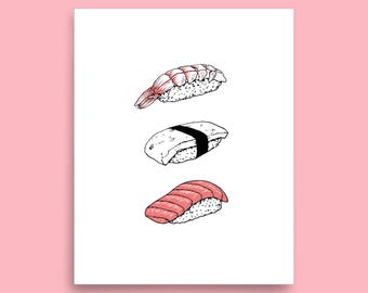 3 Nigiri sushi fish illustration print | square sushi poster | Japanese food wall decor | hand drawn nigiri seafood fish | kitchen wall art