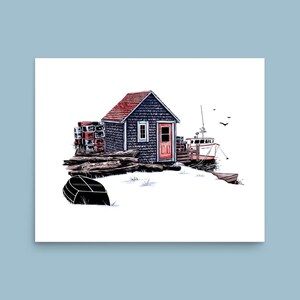 Coastal illustration art print | lobster fishing shack with harbour boat art | Maine shingle house drawing | new England wall decor poster