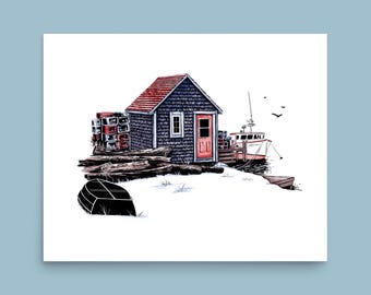 Coastal illustration art print | lobster fishing shack with harbour boat art | Maine shingle house drawing | new England wall decor poster