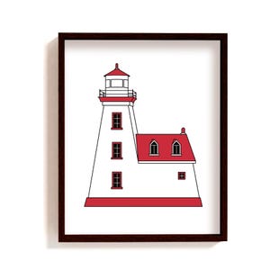 Framed lighthouse poster | coastal illustration art print | Maine wall decor | New England coast drawing | unique shape lighthouse with home