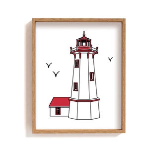 Framed lighthouse poster | coastal illustration art print | Maine wall decor | New England coast | hexagon shape lighthouse with home