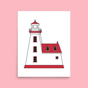 Lighthouse poster | coastal illustration art print | Maine wall decor | New England coast drawing | unique shape lighthouse with home