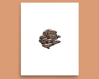 Oyster mushroom illustration print, mushroom ink drawing, botanical wall art, minimalist forest poster, hand drawn fungi guide art print