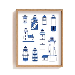 Framed blue lighthouse assortment illustration | coastal wall decor | Maine lighthouse poster | nautical wall art | boating art print