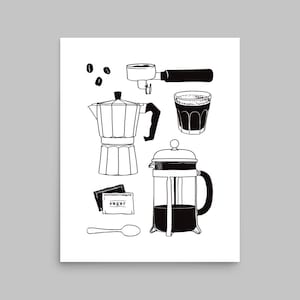 Coffee Poster | Black and white coffee making illustration print | cafe wall decor | macchinetta french press espresso coffee beans drawing