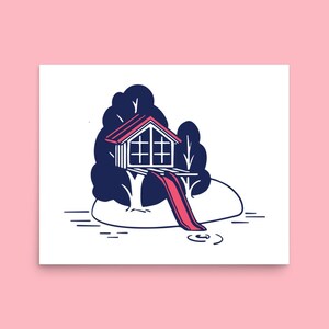 Tree house water slide illustration print | whimsical poster kids room | nursery wall decor | travel wall art | island cabin in the woods
