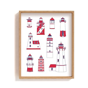 Framed lighthouse assortment poster | lighthouses art print | coastal wall decor illustration | nautical drawing wall art | red white