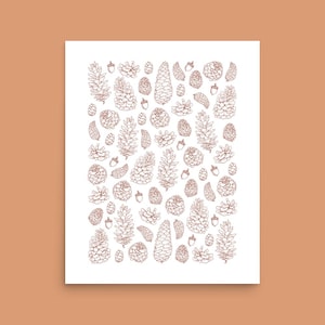 Pine cone pattern Print | hand drawn botanical illustration | brown outline pine-cone home decor | large nature wall art | forest poster
