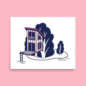 Tree house modern illustration print | whimsical poster kids room | nursery wall decor | outdoors wall art | island cabin in the woods art