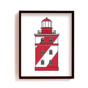 Framed lighthouse poster | coastal illustration art print | Maine wall decor | New England coast | chunky lighthouse diagonal red stripes