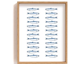 Framed blue sardine fish poster | small fish in 2 rows illustration | minimalist ocean life art print | seafood wall decor | coastal artwork