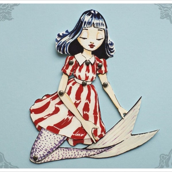 Articulated Mermaid Paper Doll handmade by the Filigree - Red White blue Stripe