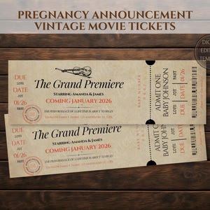 Modèle modifiable annonce grossesse billet de cinéma bébé personnalisé révéler un billet pour les médias sociaux concert de style vintage téléchargement numérique