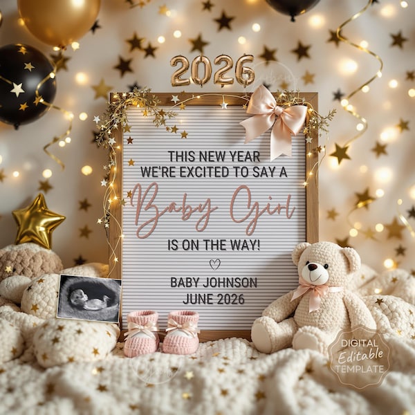 Baby Girl New Year Pregnancy Announcement digital, Holiday It's a Girl Gender Reveal Baby, Editable Template Gender Reveal Social Media 2026