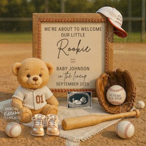 Baseball pregnancy announcement digital, sports baby reveal, little rookie is coming soon, gender neutral baby announcement team themed