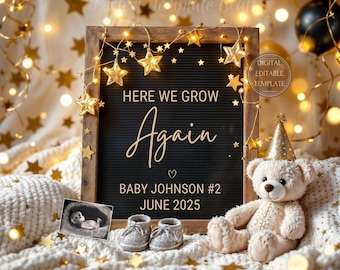 New Year Pregnancy Announcement, Here We Grow Again baby Announcement digital, sibling Baby Reveal second Child, third Baby #2 #3 #4 #5
