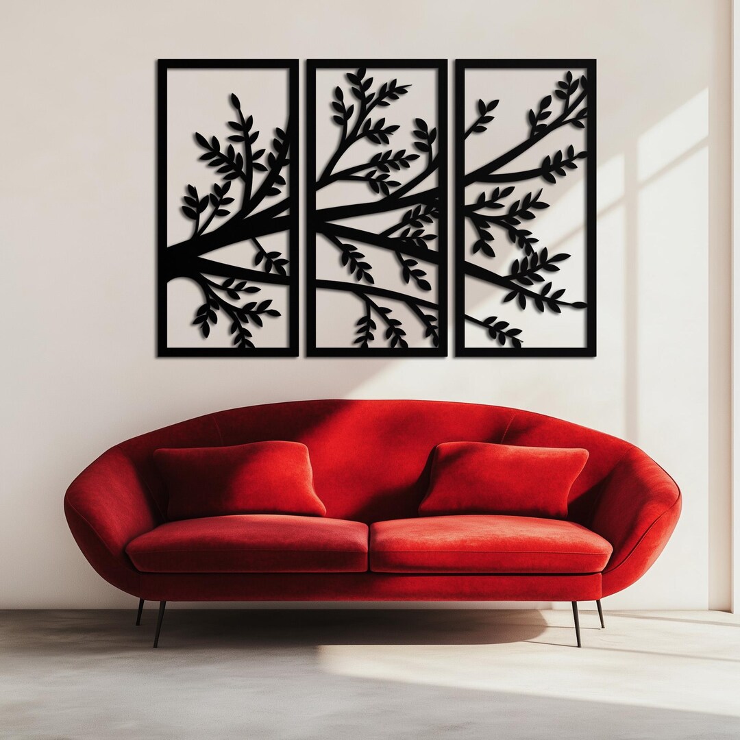 Three-panel Tree Branch Metal Wall Art – Minimalist Leaf Design for ...