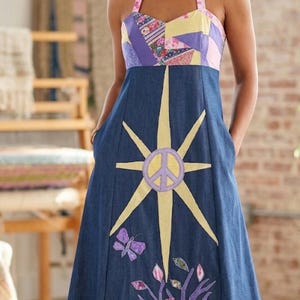 Peaceful Sun Valley Crazy Patch Dress Hippie Bohemian Appliqué Patchwork Dress by Lazy Frog Designs