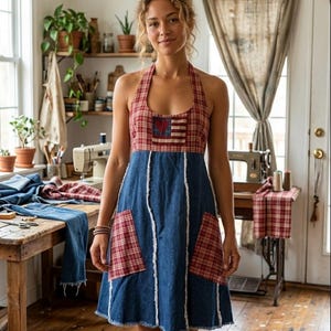 Red White and Blue Dress Appliqué Hippie  Women’s Halter Jumper Sundress Dress by Lazy Frog Designs