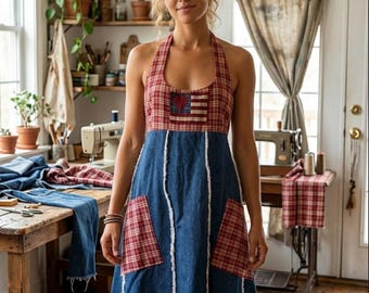 Red White and Blue Dress Appliqué Hippie  Women’s Halter Jumper Sundress Dress by Lazy Frog Designs