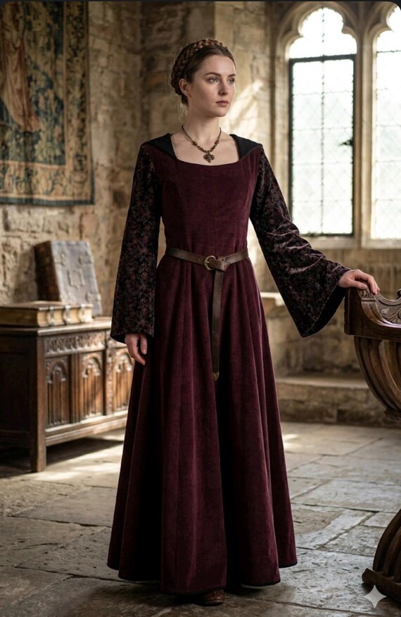 burgundy corduroy dress womens Women’s Hooded Renaissance Maxi DRESS DETAILS