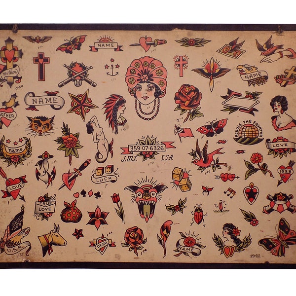 Vintage Tattoo Flash Sheet  | Traditional Tattoo Print | Tattoo Art | Wall Print | Milton Zeis