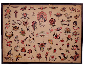 Vintage Tattoo Flash Sheet  | Traditional Tattoo Print | Tattoo Art | Wall Print | Milton Zeis