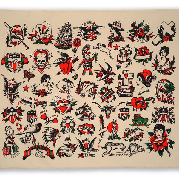 Vintage Tattoo Flash Tapestry | Traditional Tattoo | Tattoo Designs | Tattoo Art | Doc King
