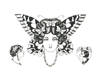 Butterfly Lady Tattoo Flash Print: Vintage Style Tattoo Design