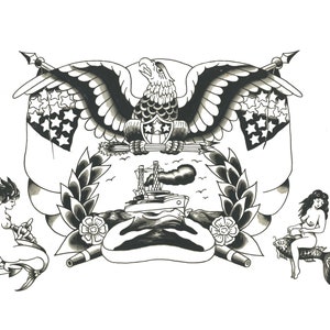 American Traditional Eagle with Ship and Mermaid Tattoo Flash | You Paint or Enjoy Black and White | Traditional Tattoo Art