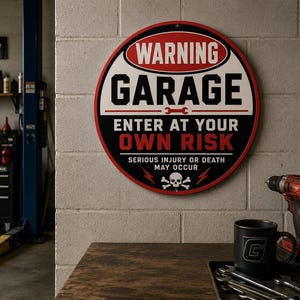 May include: A circular metal sign with a white background, red border, and black text that reads WARNING GARAGE ENTER AT YOUR OWN RISK SERIOUS INJURY OR DEATH MAY OCCUR. The sign features a red wrench icon and a white skull and crossbones graphic.