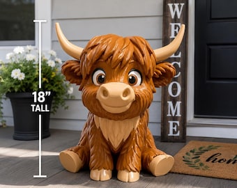 3D Printed Highland Cow Porch Sitter – Large Highland Cow Outdoor Decor – Farmhouse Front Porch Decoration – Country Home Gift