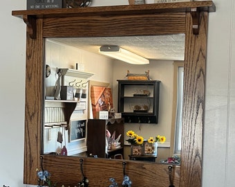 Mirror, Hallway Oak Mirror, mirror with Coat Hooks, entryway Mirror with Shelf, wall Hanging Mirror