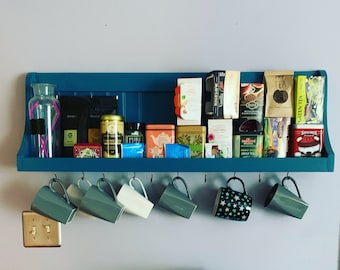 Coffee Bar / Tea Rack Shelf / Mug Rack / Kitchen Storage Shelf / Tea and Coffee Bar with Hooks / Mug Hooks / Kitchen Shelf