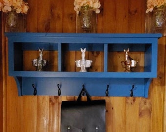 Charming Country Wall Shelf with Storage Cubbies and Coat Hooks, 3 Basket Cubby shelf, Entryway Organizer, Laundry Organizer,