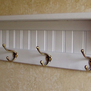 Wood Coat rack, beautiful white Wall Shelf. Shelf with Brass Hooks 36&quot;, Hat Rack, Towel Rack, Display Shelf