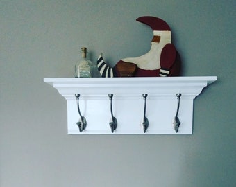 Coat Rack White with Antique Pewter Hooks , Towel Hooks , Bathroom Shelf, Wall Shelf with Coat Hooks, Entryway Coat Rack