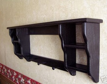 Beautiful Country Wall Shelf, Knick Knack Display Shelf,  Oak wood, Painted Black,  Coat Rack, Entryway, Living Room, Kitchen