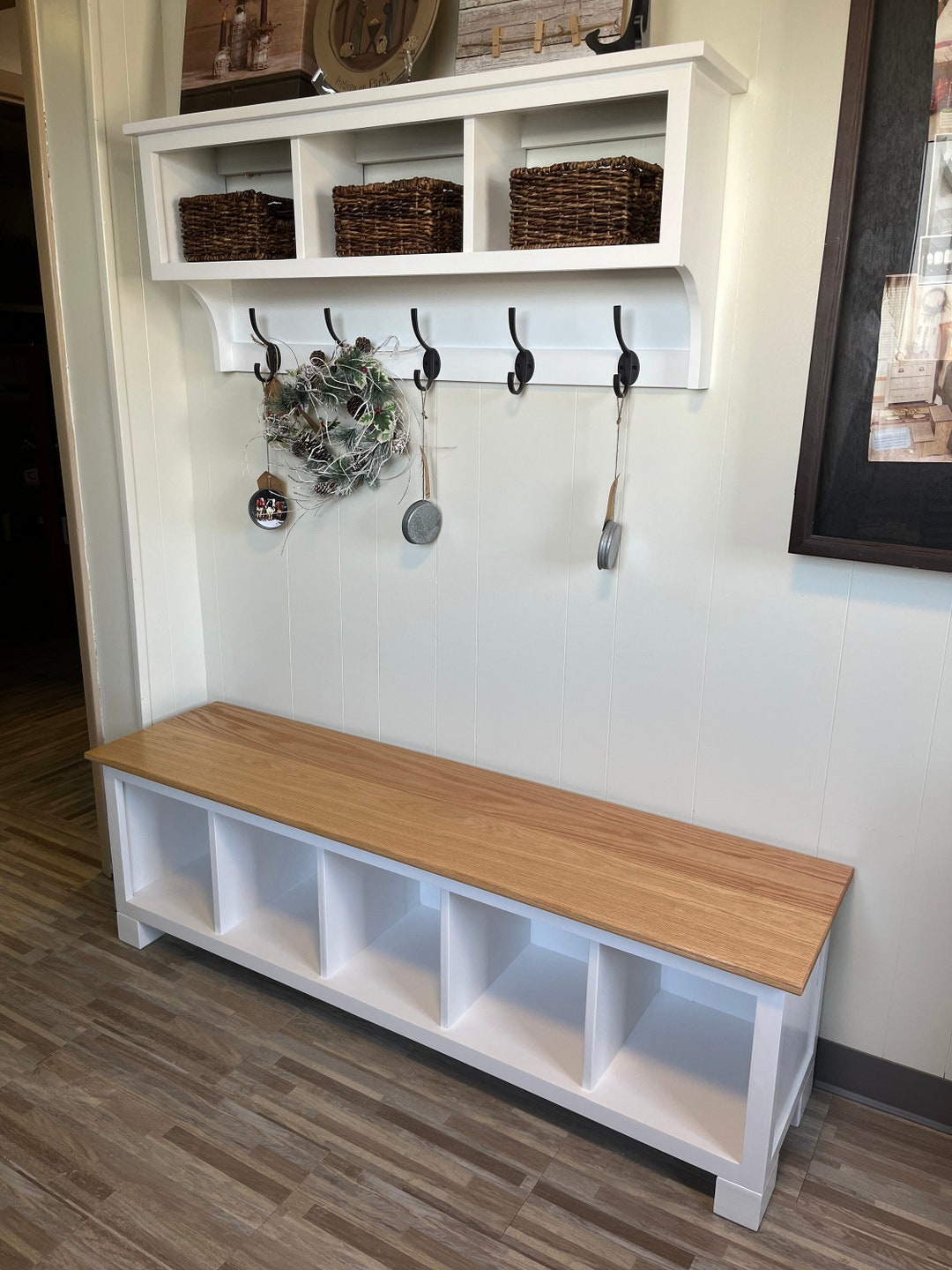 Oak Top Entryway Bench: Pine Base Shoe Storage Cubbies - Etsy