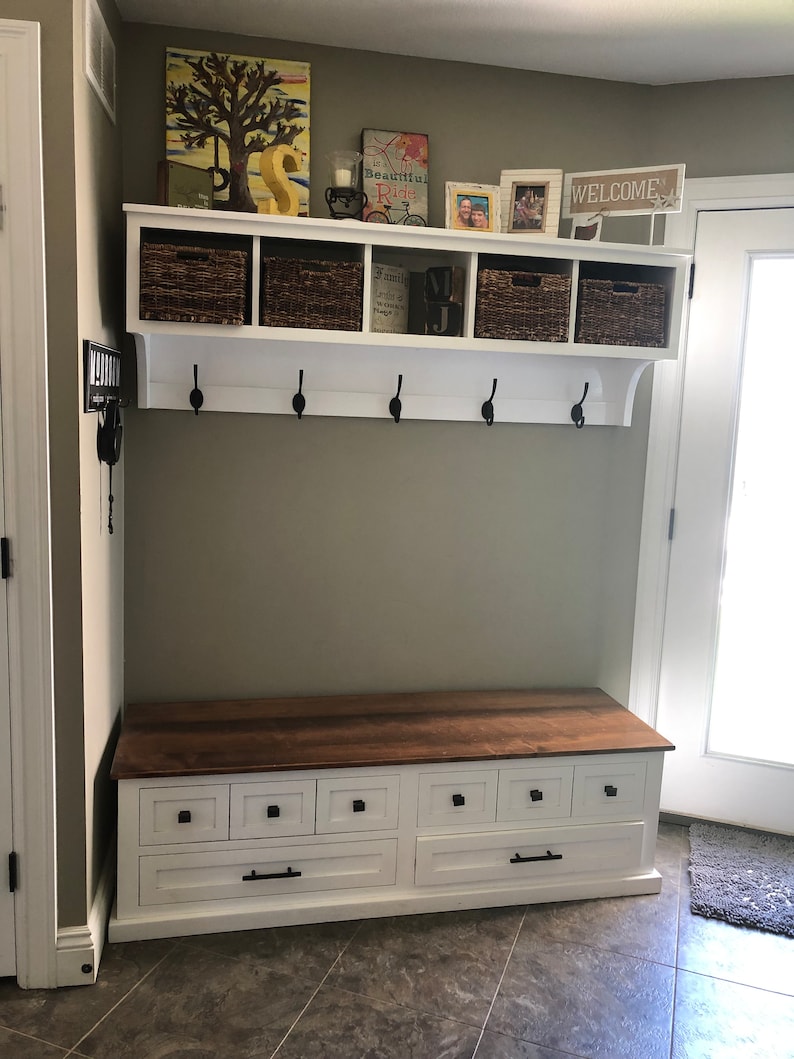 Mudroom Bench and Wall Hanging Storage Cubby , Shoe and Boot Bench with Entryway Storage Shelf with Coat Hooks image 1