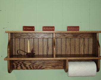 Kitchen Cupboard Country Wall Shelf Solid Oak With Paper towel Holder