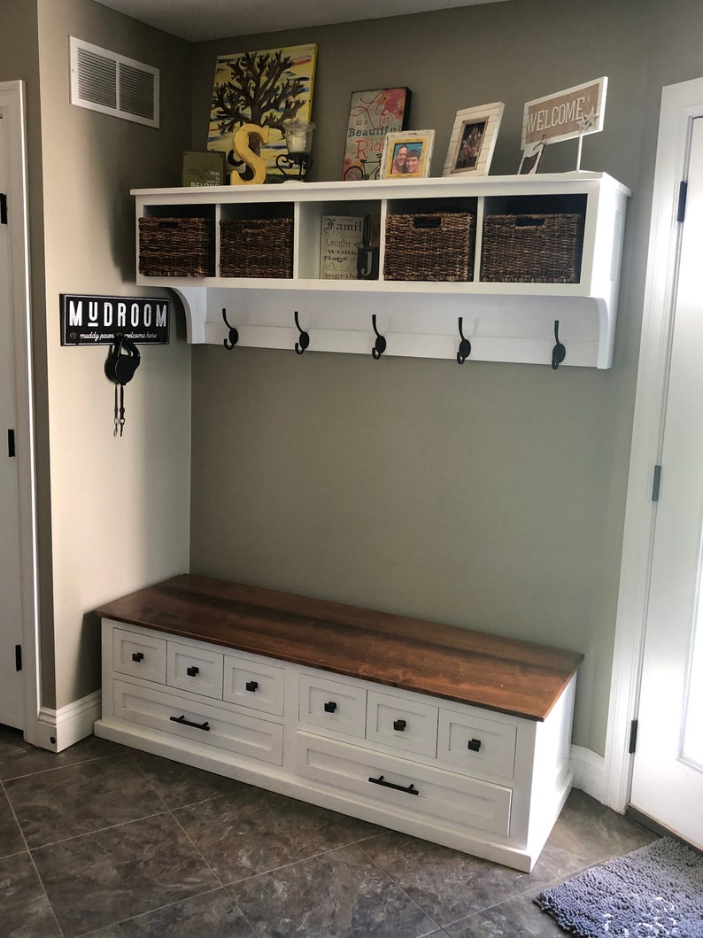 Mudroom Bench and Wall Hanging Storage Cubby , Shoe and Boot Bench with Entryway Storage Shelf with Coat Hooks image 6