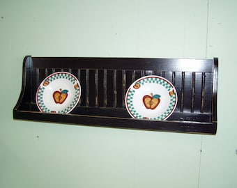 Distressed Black Wood Plate Rack: Country Wall Shelf